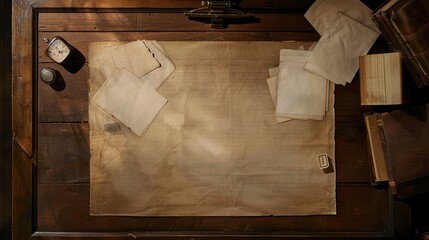 an overhead photo of a desk from a movie set in 1910, with neat pieces of blank paper on it. The center of the desk is clear and shows the wood texture - obrazy, fototapety, plakaty