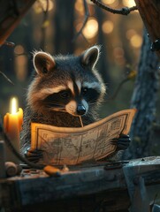 Raccoon bandit planning a heist on a bird feeder using a map and tiny tools