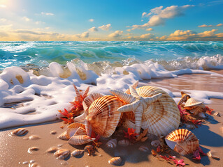 Decorative seashells on sandy background