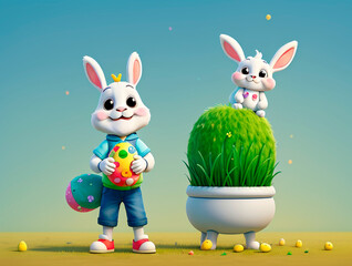 Cute and kind Easter bunnies in cartoon style with big ears shines with a joyful smile, ready to give joy and cheer everyone who meets him on the way.