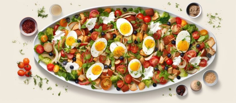salad with boiled eggs, feta cheese, walnuts and cherry tomatoes,chicken pieces, drizzled with olive oil