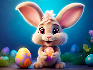 A cute and kind Easter bunny in cartoon style with big ears shines with a joyful smile, ready to give joy and cheer everyone who meets him on the way.
