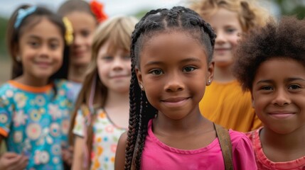 Diverse group of smiling children in casual clothing outdoors. Concept of multicultural friendship and childhood joy. Selective focus shot for social unity and education themes