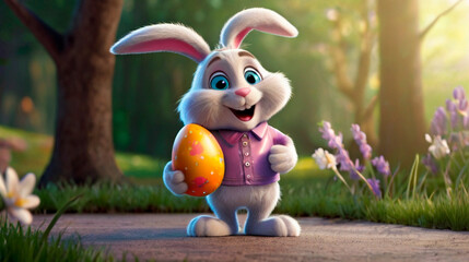 A cute and kind Easter bunny in cartoon style with big ears shines with a joyful smile, ready to give joy and cheer everyone who meets him on the way.