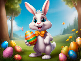 A cute and kind Easter bunny in cartoon style with big ears shines with a joyful smile, ready to give joy and cheer everyone who meets him on the way.