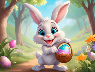 A cute and kind Easter bunny in cartoon style with big ears shines with a joyful smile, ready to give joy and cheer everyone who meets him on the way.
