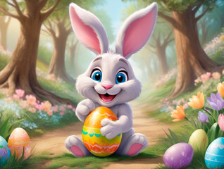 A cute and kind Easter bunny in cartoon style with big ears shines with a joyful smile, ready to give joy and cheer everyone who meets him on the way.