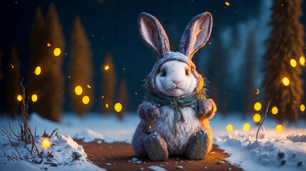 A cute and kind Easter bunny in cartoon style with big ears shines with a joyful smile, ready to give joy and cheer everyone who meets him on the way.