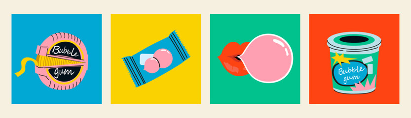 Bubble gum set. Set of four isolated Hand drawn modern vector illustrations.Various gum package set candies in roll, balls, pillows, sticks. Lips with pop ballon. 