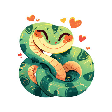 A green snake with a heart on its head and a heart on its tail. The snake is smiling and surrounded by hearts