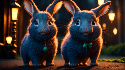 Cute and kind Easter bunnies in cartoon style with big ears shines with a joyful smile, ready to give joy and cheer everyone who meets him on the way.