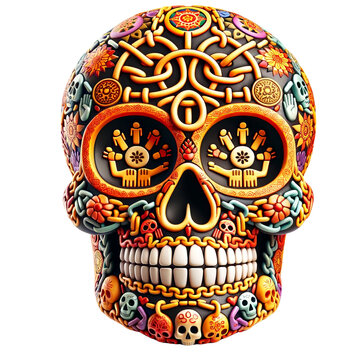 A colorful skull with a chain around it. The skull is decorated with many different items, including flowers and other objects. Scene is one of creativity and artistic expression