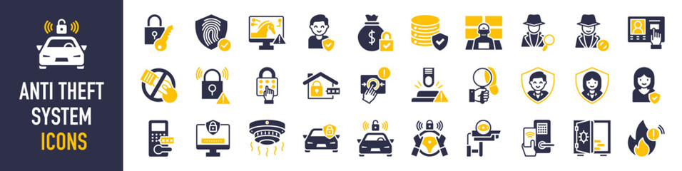 Anti theft system icons set. Such as hack, terrorist, password, detective, security room, malware, intercom, identity protection, alarm, lock, emergence, footsteps, cloud, cyber and more vector icon
