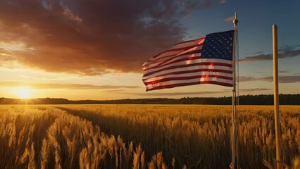 American Flag Waving in Golden Field at Sunset.An American flag waves proudly in a blooming golden field with a vibrant sunset in the background, symbolizing hope and freedom - Powered by Adobe