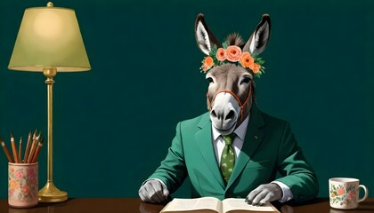 A donkey in a businessman costume in an office at the workplace, a boss in a company. A caricature, a joke, funny - obrazy, fototapety, plakaty