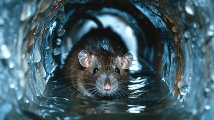 closeup shot of a brown rat in a water pipe, highlighting the challenges of urban wildlife and the need for effective pest control services