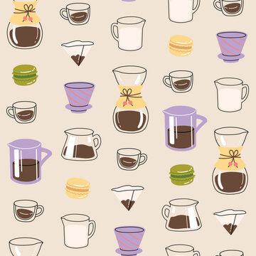 Vector hand painted cafe tasty filter specialty coffee illustration Cute flat simple hand drawn clipart seamless pattern, wallpaper background, fabrics surface pattern design