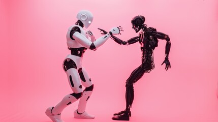 Two humanoid robots in white and black performing a fist bump on a pink background. Robotics collaboration and AI friendship concept