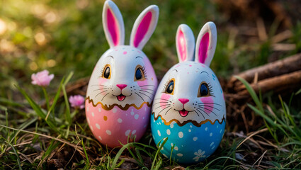 Cute and kind Easter bunnies in cartoon style with big ears shines with a joyful smile, ready to give joy and cheer everyone who meets him on the way.