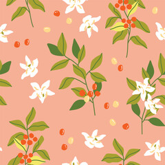 Vector hand painted cafe tasty specialty coffee plant, leaves, berries and flowers illustration. Cute flat simple hand drawn seamless pattern, wallpaper background, wrapping paper