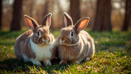 Cute and kind Easter bunnies in cartoon style with big ears shines with a joyful smile, ready to give joy and cheer everyone who meets him on the way.