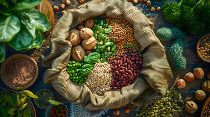 A bag of mixed nuts and beans is on a table with other food items - obrazy, fototapety, plakaty
