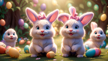 Cute and kind Easter bunnies in cartoon style with big ears shines with a joyful smile, ready to give joy and cheer everyone who meets him on the way.