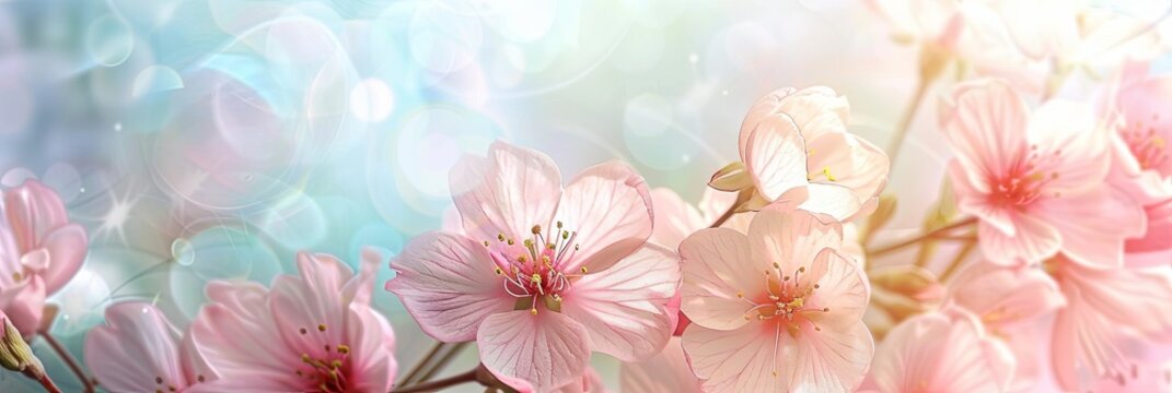Mother's Day abstract pink color background decorated with pink flowers. Banner with copy space