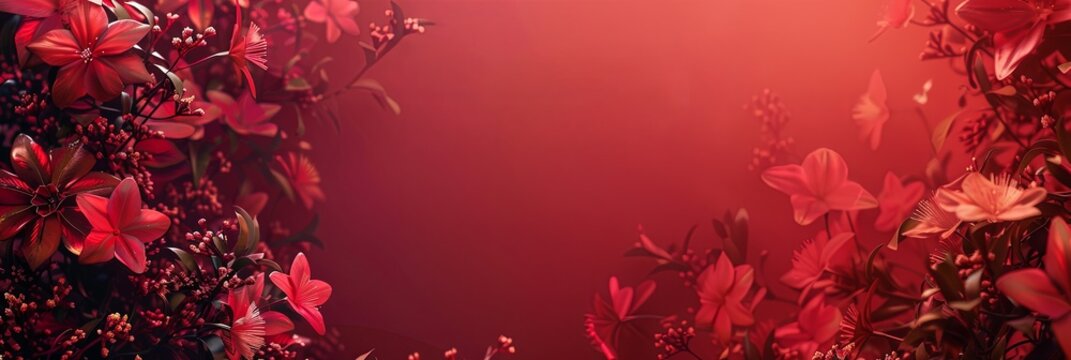 Mother's Day abstract red color background decorated with red flowers. Banner with copy space