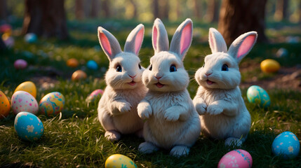 Cute and kind Easter bunnies in cartoon style with big ears shines with a joyful smile, ready to give joy and cheer everyone who meets him on the way.