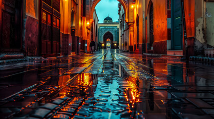 Calle iluminada por faroles con decoración árabe y mezquita en ell ramadán,  símbolo importante en la religión islámica,  - obrazy, fototapety, plakaty