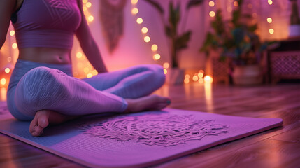 Yoga Meditation  Retreat: Woman Sitting with Crossed Legs in Namaste Pose in Purple Boho Living Room.