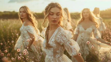 Fototapeta na wymiar Boho Beauty: Girlfriends in White Bridal Lace Dresses Enjoying Togetherness in Summer Meadow.
