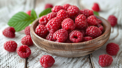 White Rustic Bowl of Fresh Vibrant Pink Raspberries, Nutritious Organic Superfood on White Wooden Table.