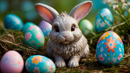 A cute and kind Easter bunny in cartoon style with big ears shines with a joyful smile, ready to give joy and cheer everyone who meets him on the way.