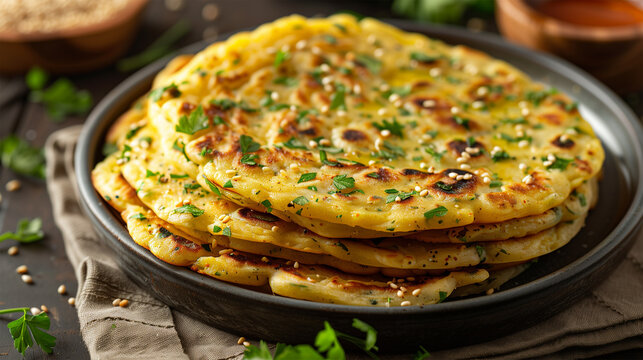 Delicious Socca, Farinata or Omelette Stack, Homemade Mediterranean Meal on Gray Background.