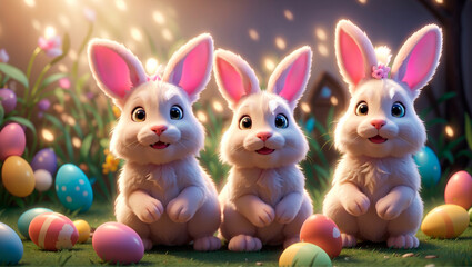 Cute and kind Easter bunnies in cartoon style with big ears shines with a joyful smile, ready to give joy and cheer everyone who meets him on the way.