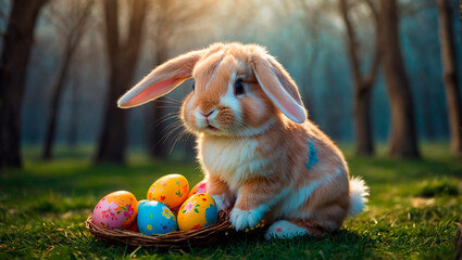 A cute and kind Easter bunny in cartoon style with big ears shines with a joyful smile, ready to give joy and cheer everyone who meets him on the way.