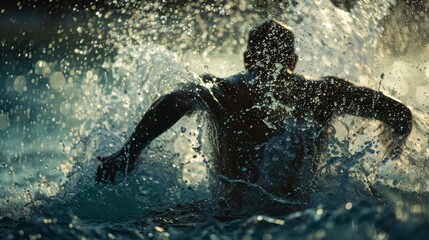 Swimmer creating a splash in water. Motion and energy in sports concept. Dynamic aquatic action shot for sports advertising and print