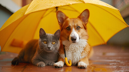 Cute cat and dog sitting under umbrella. Pet insurance, protection and wellness idea. generative ai 