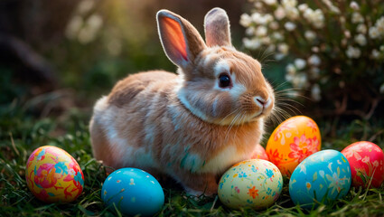 A cute and kind Easter bunny in cartoon style with big ears shines with a joyful smile, ready to give joy and cheer everyone who meets him on the way.