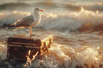 Seagull Perched on Suitcase
