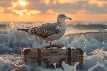 Seagull Perched on Suitcase