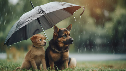 Cute cat and dog sitting under umbrella. Pet insurance, protection and wellness idea. generative ai  - obrazy, fototapety, plakaty