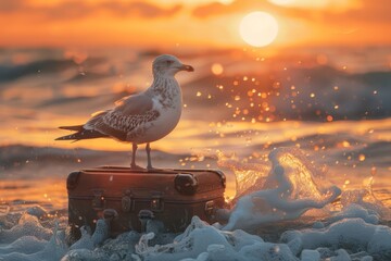 Seagull Perched on Suitcase