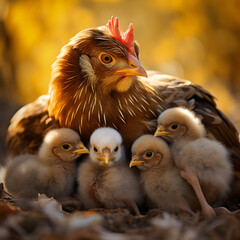 A Mother's Love: Beautiful Capture of a Hen Cuddling Her Brood of Chicks at Sunset