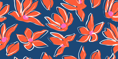 Exotic hand drawn flowers, seamless patterns with floral for fabric, textiles, clothing, wrapping paper, cover, banner, home decor, abstract backgrounds. - obrazy, fototapety, plakaty
