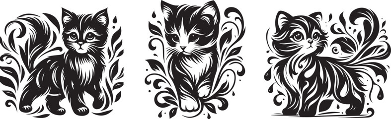 cats adorned with vegetation and leaves, magical decorated vectors, black vector graphic