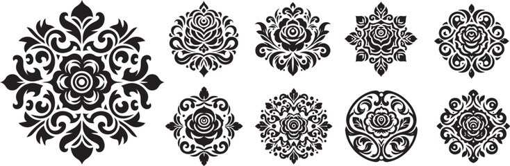 retro ornaments with floral elements, black vector graphic