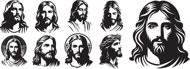 minimalist portraits of Jesus Christ, simple shapes, black vector graphic